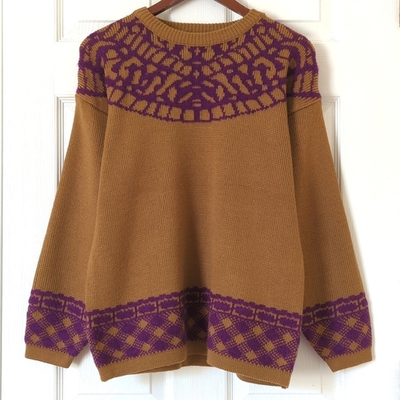 Country Suburbans 80's Vintage Funky Jacquard Knit Yoke Crewneck Sweater Brown S - Picture 1 of 10